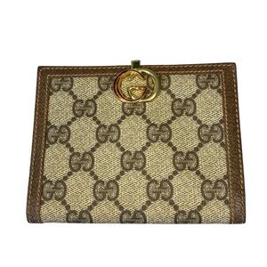 Gucci Beige GG Canvas Bifold Wallet with Brown Trim and Gold Hardware
